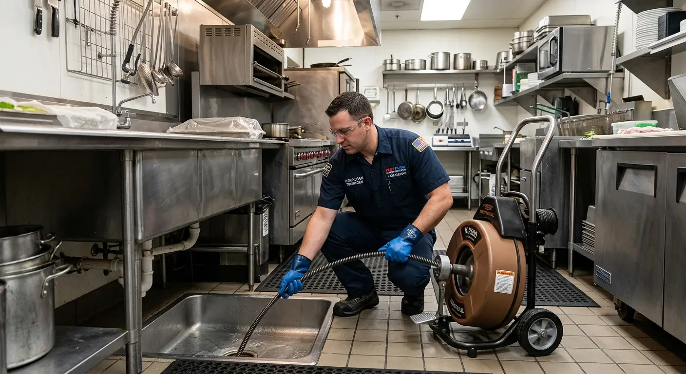 Commercial drain cleaning service in a restaurant kitchen in Holmen