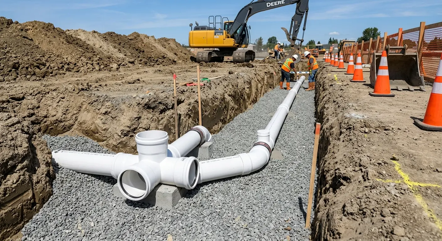 New PVC sewer pipe installation in open trench for Sewer Backup in Holmen
