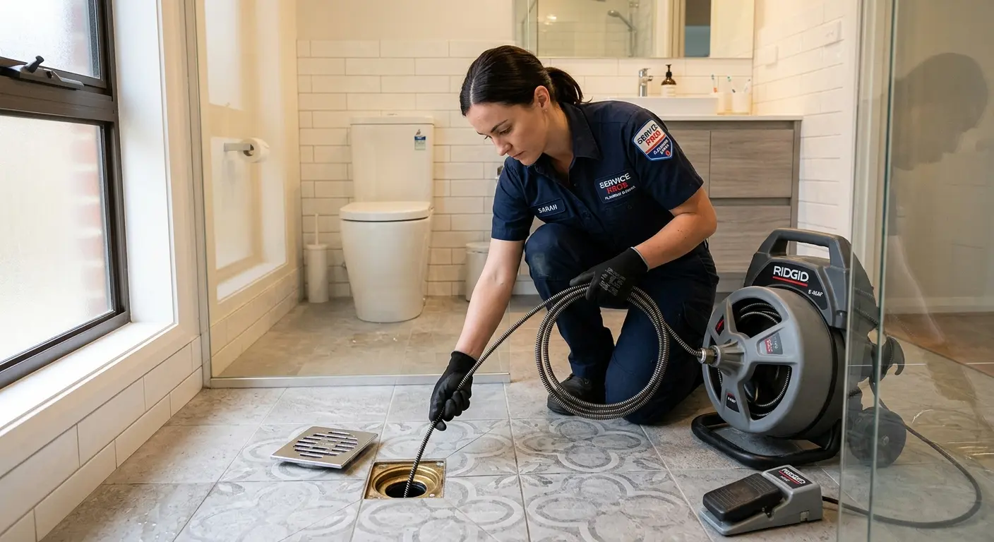 Technician clearing a bathroom floor drain for Clogged Drain Repair in Holmen